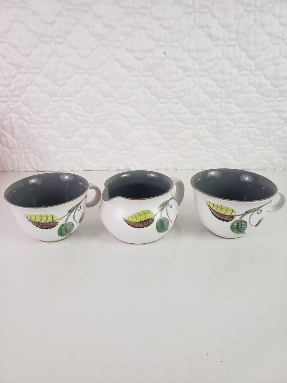 Vintage Denby Langley Spring Leaf Coffee Tea Cups & Creamer Albert England 3 Pcs